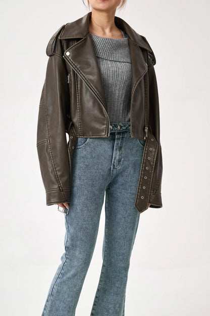 Kurze Lederjacke Biker Stil Vintage Look