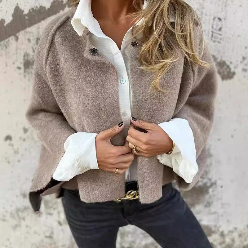 Kurz Wollmantel Damen Elegant Rundhals