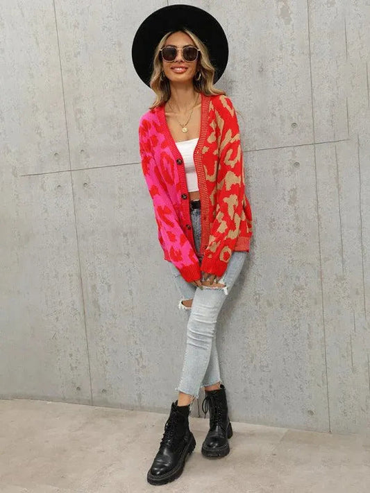 Übergroße Strickjacke Leopardenmuster Trendy Pullover - IdealeKleiden