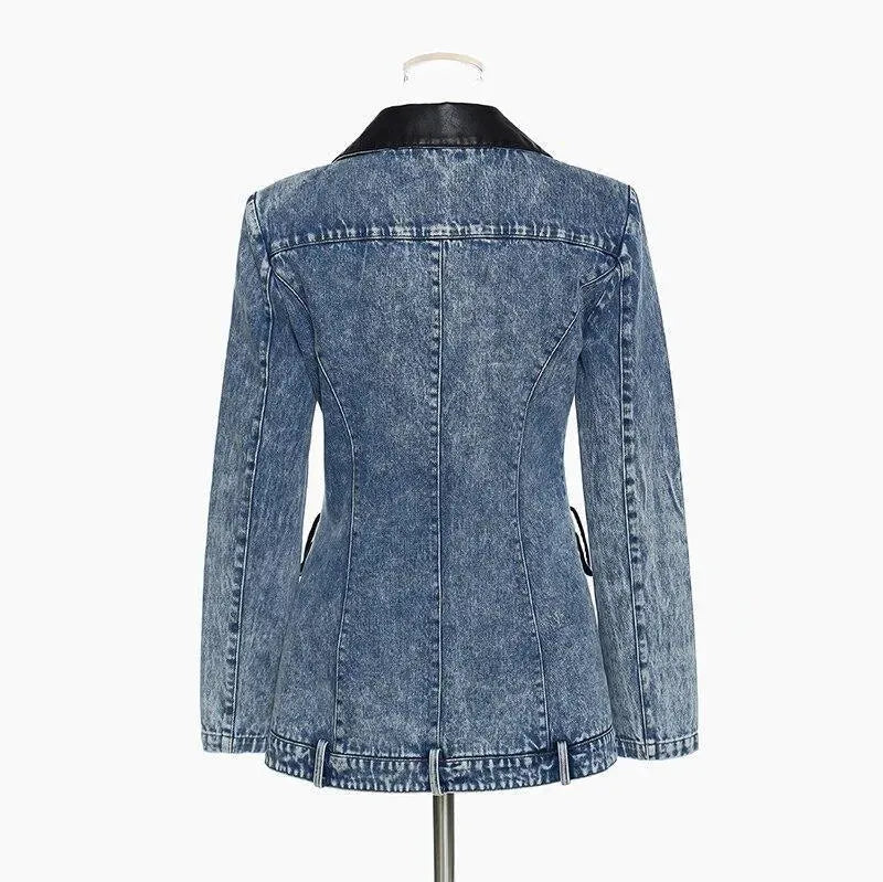 Modische Damenblazer Lederkragen Denim Elegent Schwarz - IdealeKleiden