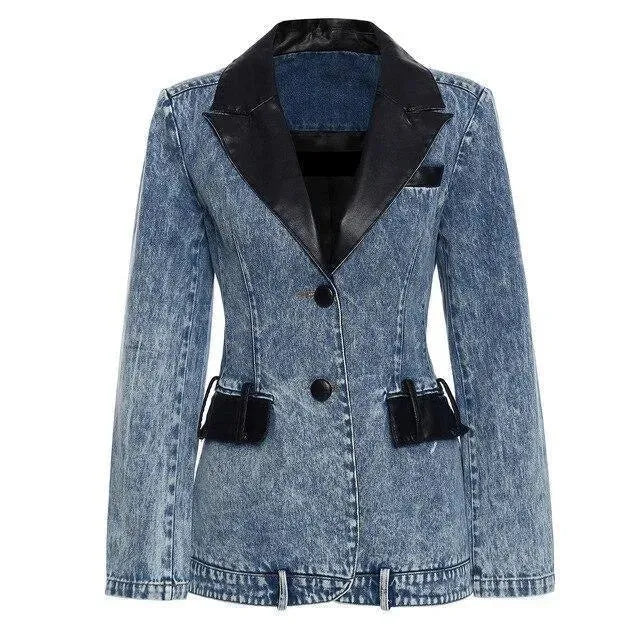 Modische Damenblazer Lederkragen Denim Elegent Schwarz