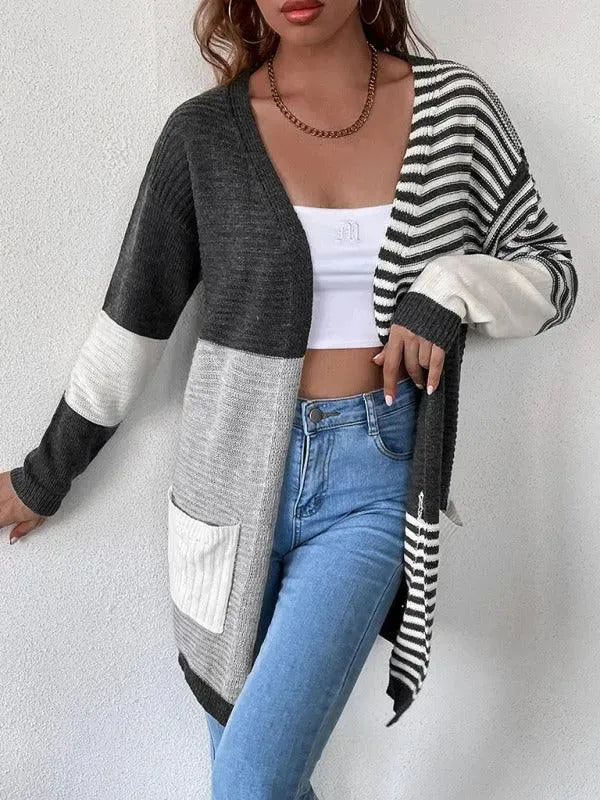 Farbenfrohe Damen Strickjacke Patchwork Design - IdealeKleiden