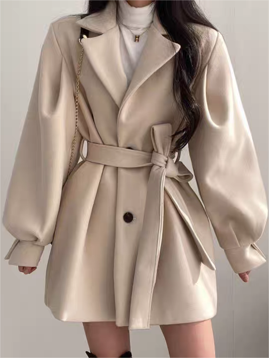 Elegante Frauenkleidung | Reverskragen, Puffärmel, Gürtel