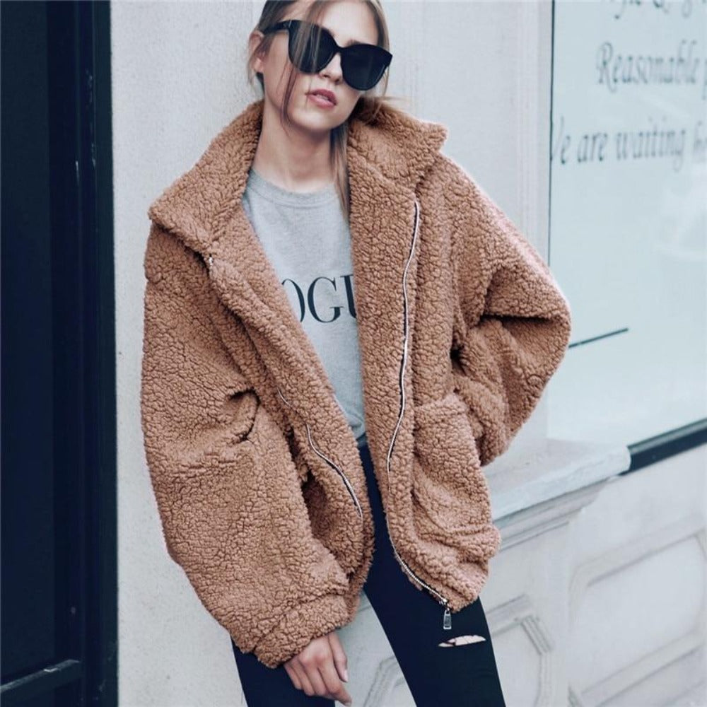 Teddy Mantel Oversized Weich Fleece Reißverschluss - IdealeKleiden