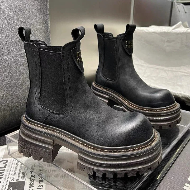 Hohe Damen Lederstiefel Chunky Plattform