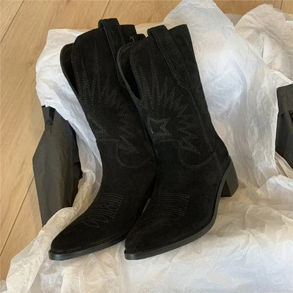 Stylische Lederstiefel Bestickt Western Design