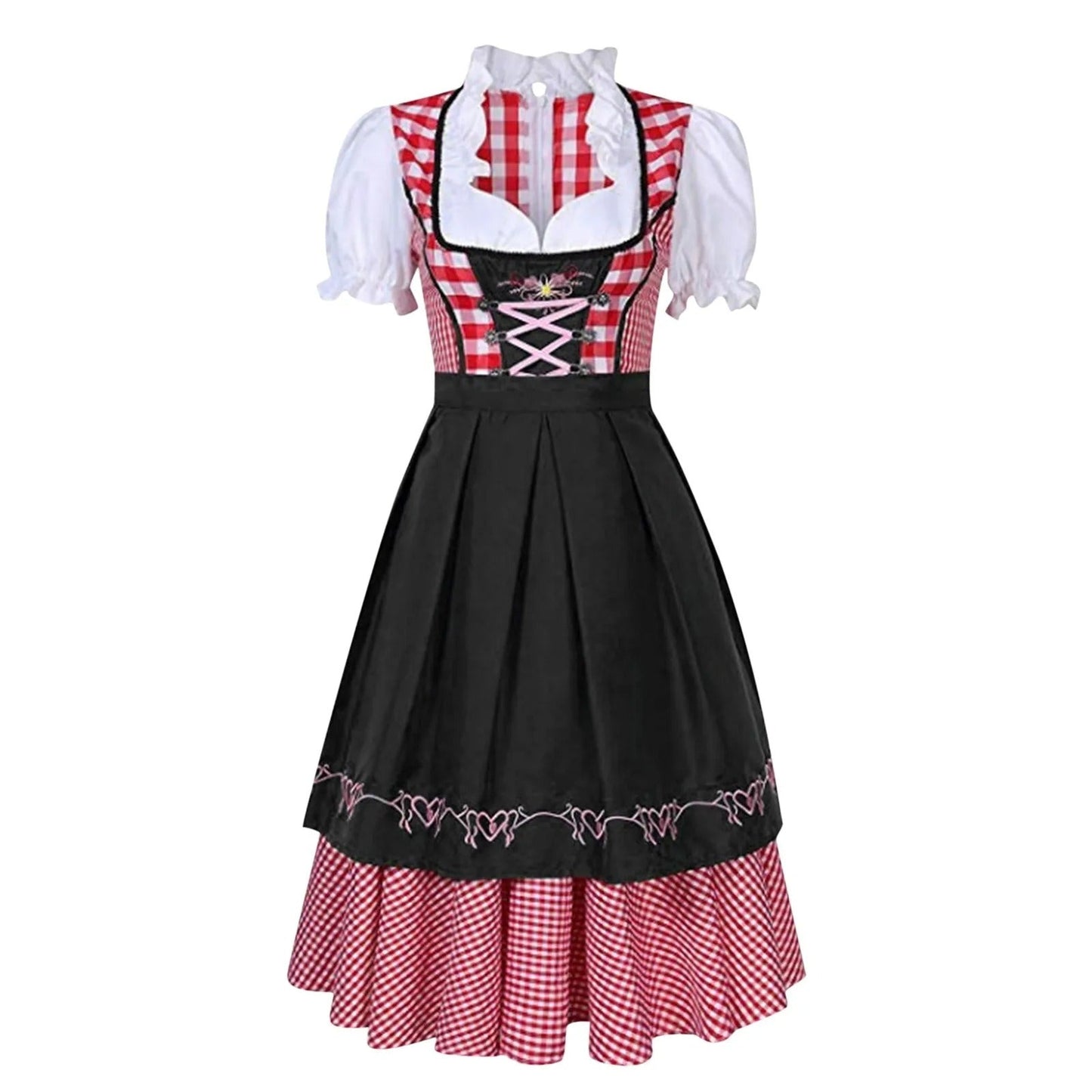 Oktoberfest Dirndl Karo Blumenmuster Kurzarm