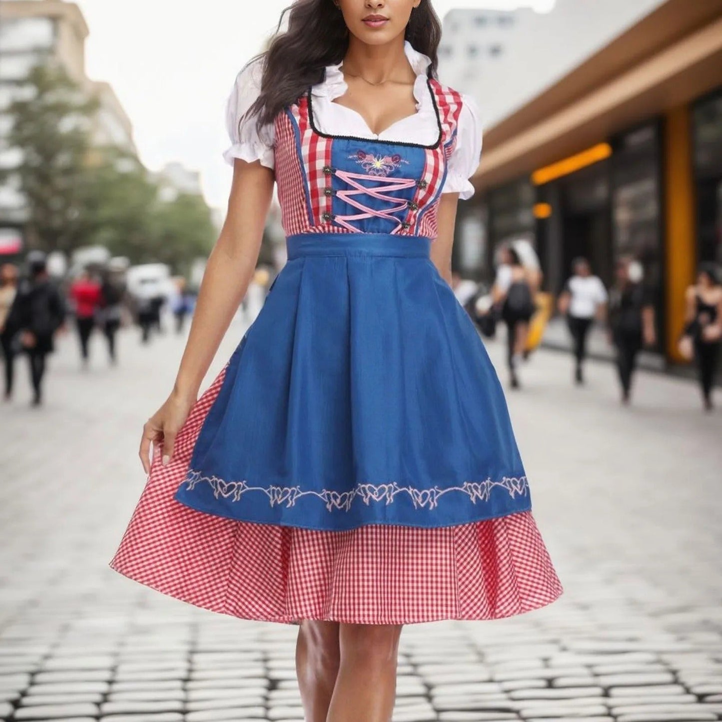 Oktoberfest Dirndl Karo Blumenmuster Kurzarm