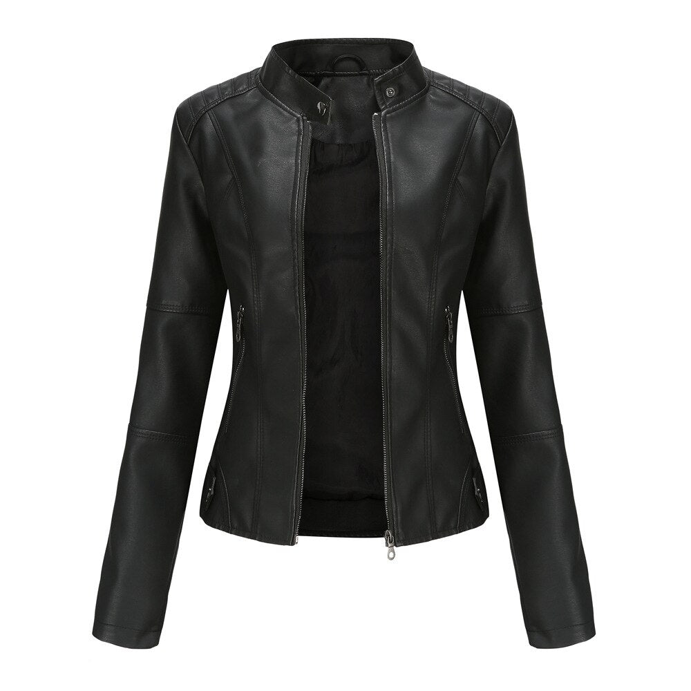 Damen Lederjacke Elegант Mandarin Kragen
