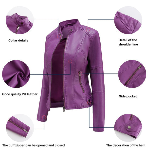Damen Lederjacke Elegант Mandarin Kragen - IdealeKleiden
