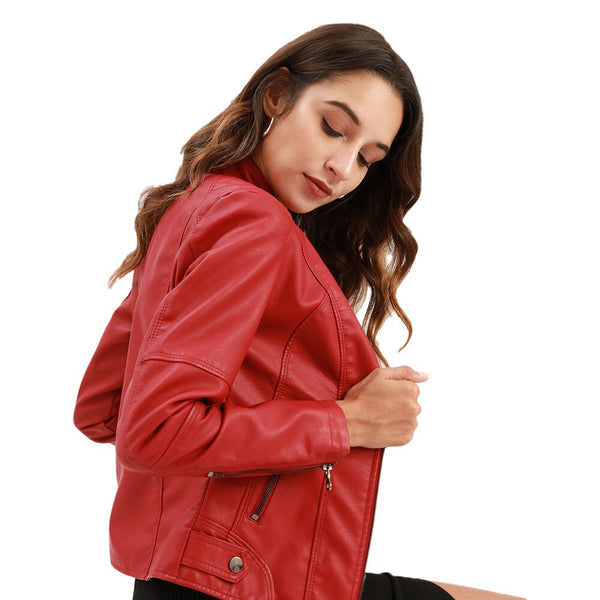 Damen Lederjacke Elegант Mandarin Kragen