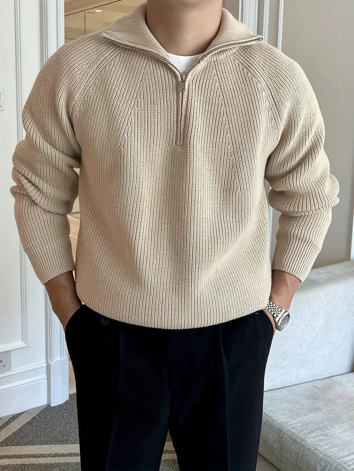 Stylischer Strickpullover Halbzipper Hochkragen Ribbstruktur - IdealeKleiden